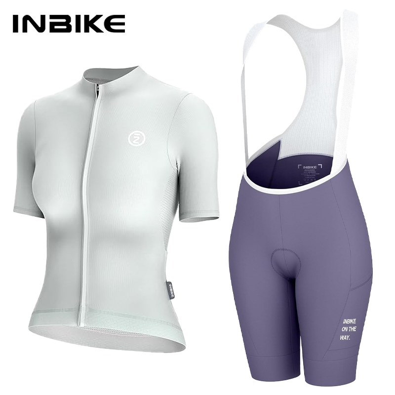 Padded Cycling Shorts - ชุดเสื้อจักรยานสำหรับผู้หญิง INBIKE เสื้อเจอร์ซีย์แขนสั้นสำหรับปั่นจักรยานเสือหมอบ กางเกงจักรยานแบบมีสายรัดพร้อมกระเป๋า เสื้อผ้าสำหรับปั่นจักรยาน