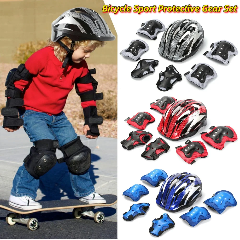 Cycling Gear Kids - ชุดอุปกรณ์ป้องกันสำหรับกีฬาจักรยาน 7 ชิ้น ชุดหมวกนิรภัยสำหรับเด็กแบบปรับได้ ขนาด 48-55